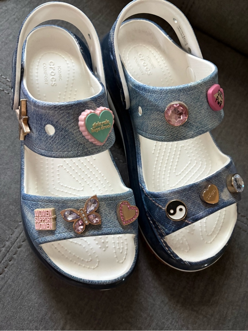 Crocs Denim-Style Sandals with Jibbitz Charms - Blue & White